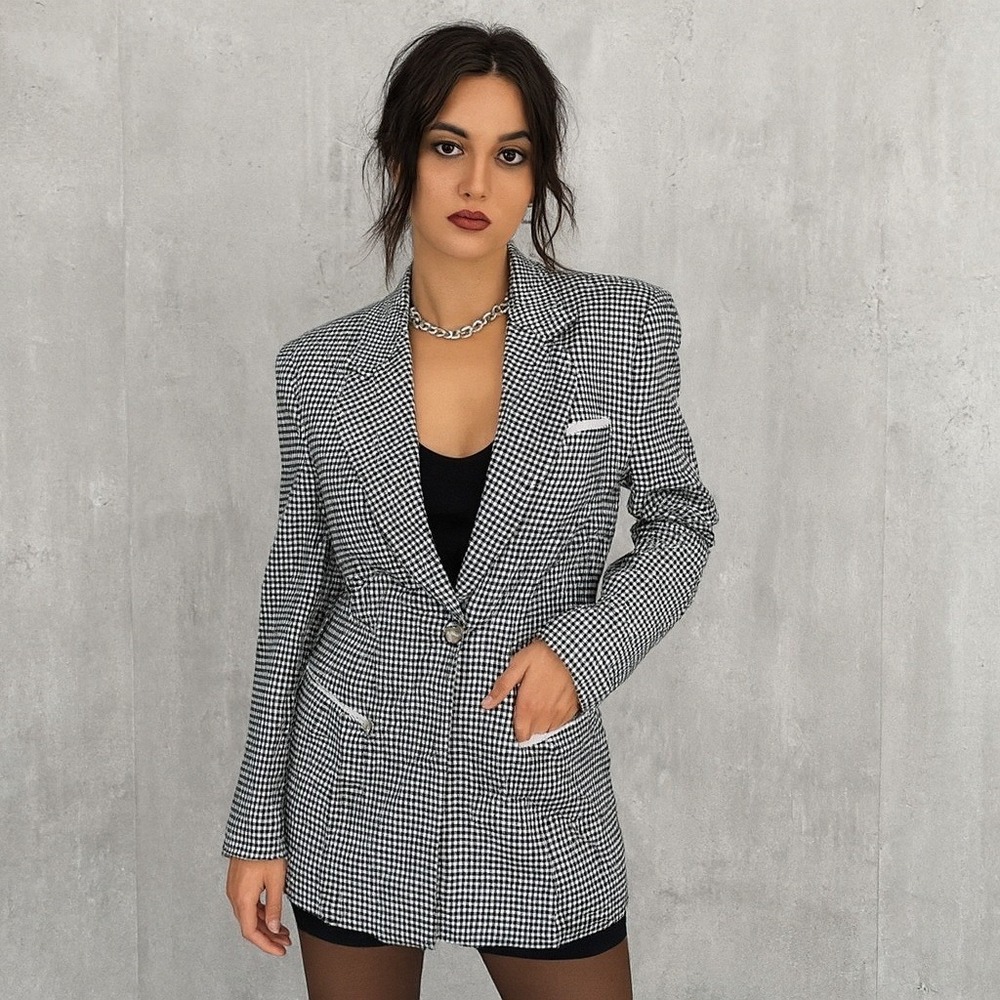 Laundry by Shelli Segal Black White Houndstooth Blazer Jacket 90s‎ M USA